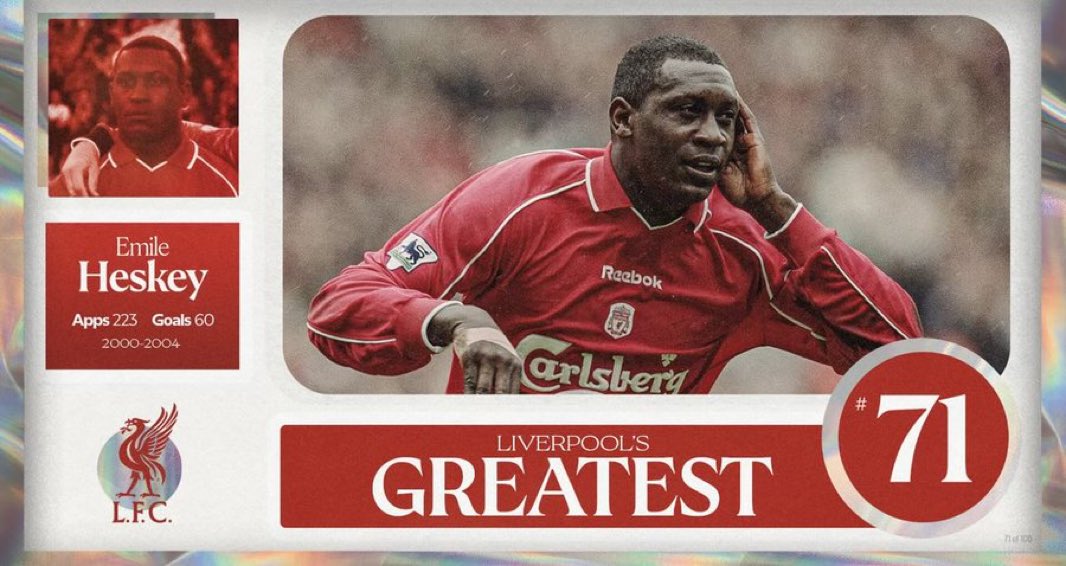 AnfieldEdition's tweet photo. No. 71 on Liverpool’s greatest list is Emile Heskey. https://t.co/qVfPnd2BXk