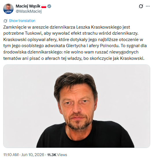 GasewiczJarek's tweet photo. Prawomocnie skazany Maciej Wąsik bronił na X Leszka Kraskowskiego na kilka godzin przed publikacją komunikatu Prokuratury. Z tego komunikatu wynika, że Wąsik skompromitował się po raz kolejny.
Prawdopodobnie wkrótce skasuje swój wpis. https://t.co/d7cESmxG9g