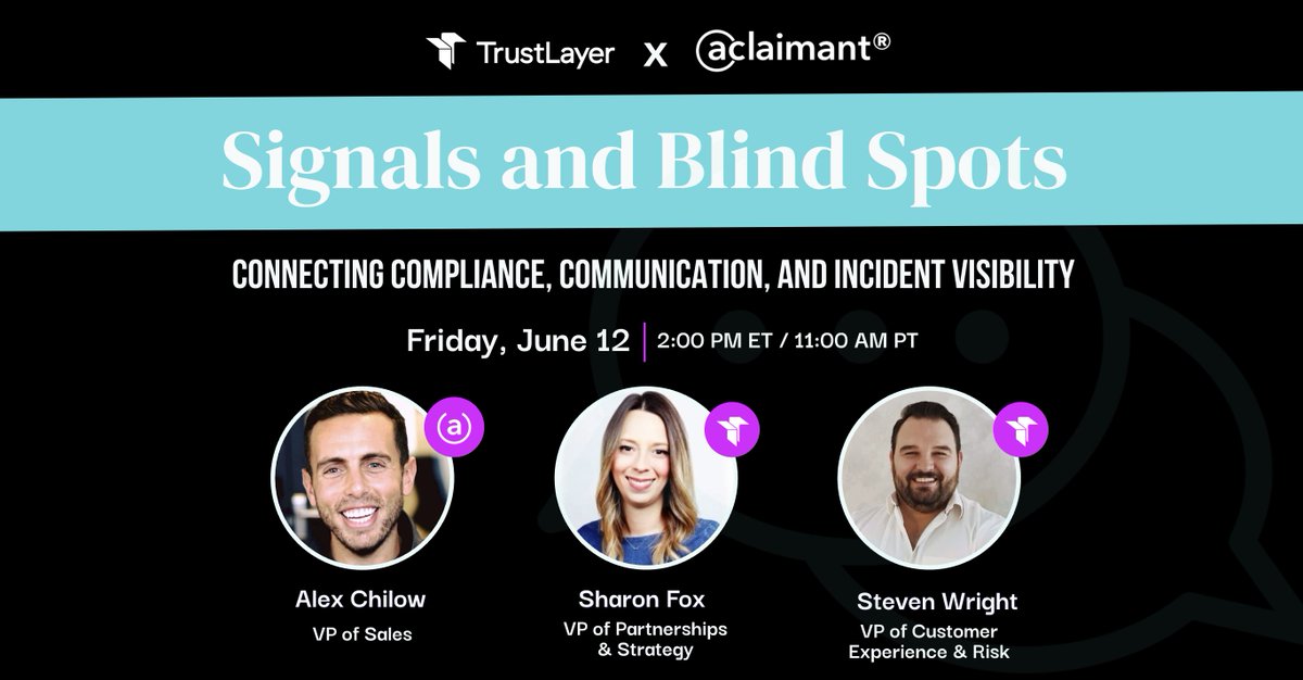 TrustLayerIO's tweet photo. Friday is almost here.

Join TrustLayer + Aclaimant for Signals and Blind Spots, a live webinar on compliance, communication, vendor risk, and incident visibility.

Friday, June 12
2 PM ET / 11 AM PT

Register: https://t.co/urSvDSWQ2B https://t.co/cF8SfIjNYR