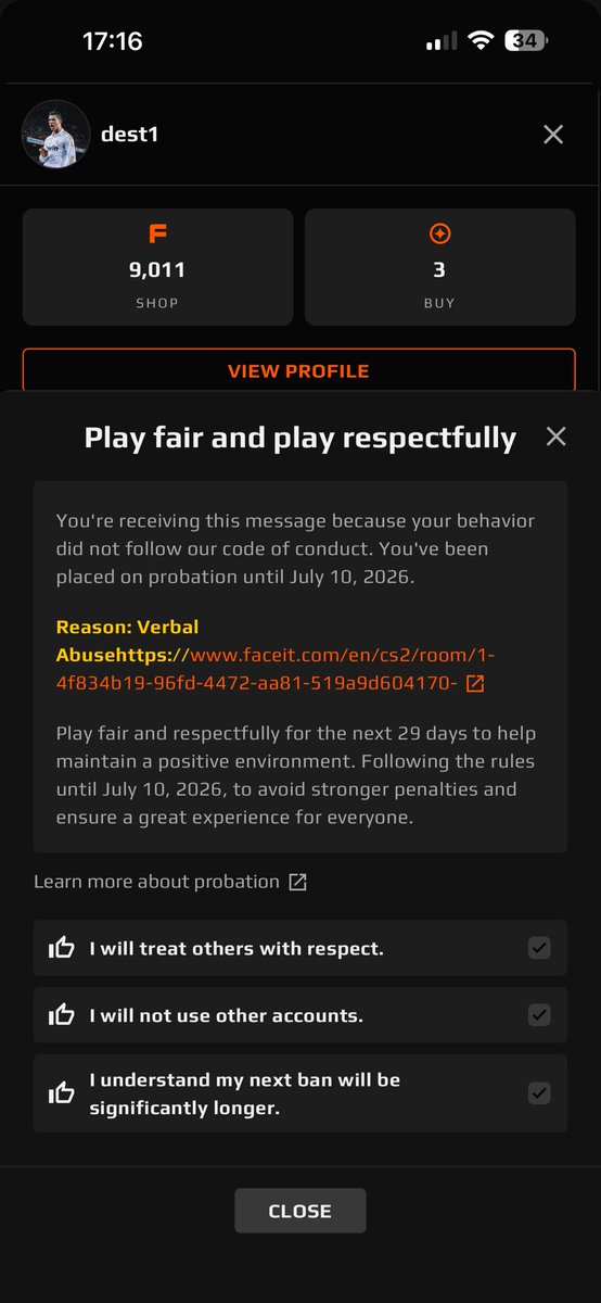 dest1EU's tweet photo. @FACEIT_Darwin How does this make sense @FACEIT_Darwin, how did I get banned without a lobby?.
Suspicious activity https://t.co/x9AF5nZhVW