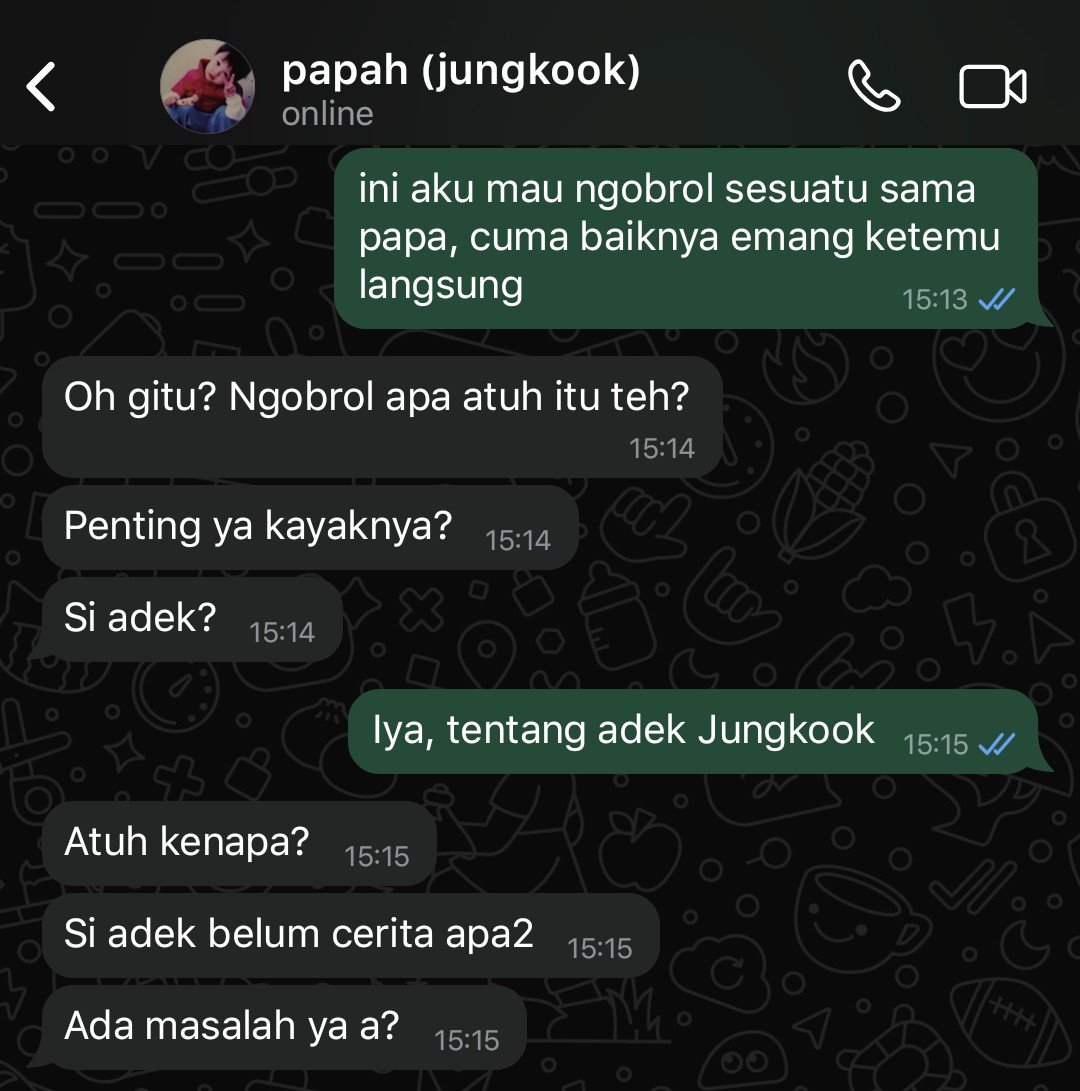 Amysophile's tweet photo. dari cerita jk dan 5 katingnya itu ya: tapi masih di fase niat saéstu.

—mau nemenin perjalanan a taehyung buat memulai niat baiknya.

cw : taekook , heartfelt conversation , family discussion , commitment , local (sunda) , fiction https://t.co/n1ps6sT8rO