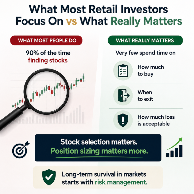 CM_delhi's tweet photo. Most retail investors spend 90% of their time finding stocks.

Very few spend time deciding:
• How much to buy
• When to exit
• How much loss is acceptable

Stock selection matters.
Position sizing matters more.
Long-term survival in markets starts with risk management.
#StockMarket #Investing #RiskManagement #Nifty50 #WealthCreation