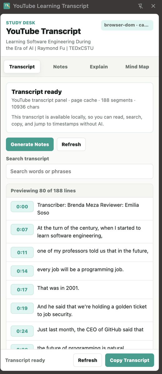 Jindevweb's tweet photo. DAY 1:

I got the first version working.

The extension can now read the transcript from a YouTube video and keep the timestamps.

This is the key technical step for the MVP.

Now the flow works:

1. Open a YouTube video
2. Extract transcript
3. Send it to AI
4. Generate notes
5. Jump back to useful timestamps

Still rough, but it feels real now.

Next:
I need to design the AI output.

Not just “summary”.

The real question is:
Is this video worth watching?