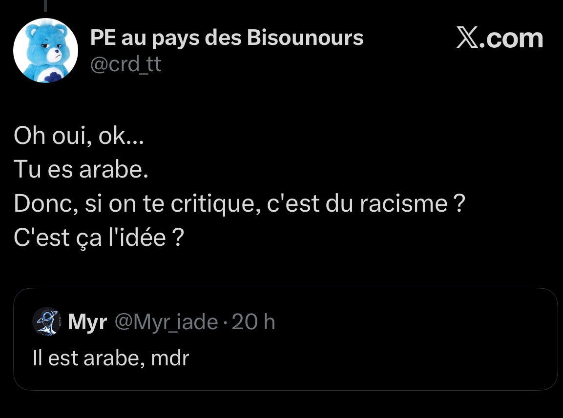 ModuloHaine's tweet photo. J’espère que tu ne vas pas supprimer. 
1. On me traite d’attardé mental 
2. On justifie ça par mes origines arabes 
3. On me dit que si on me critique (traité d’attardé mental) et qu’on justifie ça pcq je suis arabe ce n’est pas du racisme 

Voilà les professeurs des écoles : https://t.co/ob4kZUMLAz