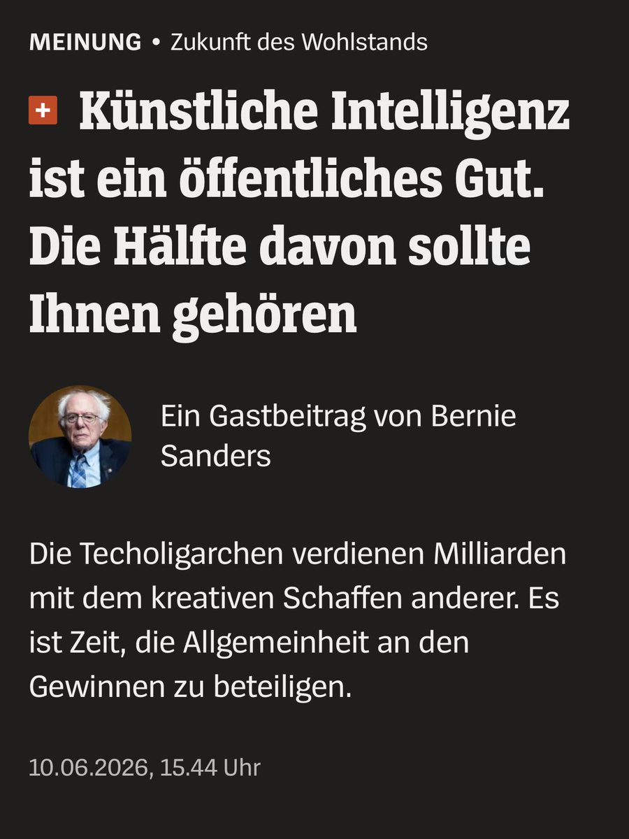 Sunnymica's tweet photo. Ganz schön krass. 
Bernie Sanders will die größten US-KI-Konzerne zu 50 Prozent vergesellschaften. Begründung: KI sei auf dem „kollektiven Wissen der Menschheit” trainiert – Bücher, Musik, Journalismus, Wissenschaft, „Ideen über Generationen hinweg”.

Stimmt. Genau so.

Nur sollen die Erträge des geplanten Sovereign Wealth Fund dann ausschließlich an Amerikaner fließen. Erst Direktzahlungen, später Healthcare, Bildung, Wohnen. Aus „kollektivem Wissen der Menschheit” wird in zwei Sätzen eine US-Sozialdividende.

Goethe, Kant, Kafka, Tolstoi, Camus, Hannah Arendt, die GEMA-Kataloge, die Süddeutsche, der Spiegel, jeder europäische Wissenschaftsaufsatz, jeder Tweet, den ich hier für Grok schreibe – Trainingsmaterial. Die Dividende kassiert Vermont.

Bei Trump heißt das America First mit Zöllen. Bei Sanders heißt es America First mit Umverteilung. Die Welt zahlt ein. Amerika hebt ab.

Und Europa? Klagt sich durch Instanzen. Die GEMA verhandelt mit der Musik-KI Suno um 30 Prozent Tantiemen. Die EU verlangt ab August „detaillierte Zusammenfassungen der Trainingsdaten”, damit Urheber wenigstens prüfen können, ob ihr Werk drin ist. Opt-out, einzeln, nachträglich. Keine Aktien, keine Stimmrechte, kein Board-Sitz. Bestenfalls Lizenzgebühren, wenn man die richtigen Anwälte hat.

Sanders nennt das soziale Gerechtigkeit. Für den Rest der Welt sieht es erstaunlich nach America First aus.