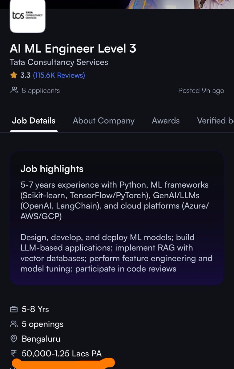 Shabaz1406's tweet photo. TCS wants to hire an AI ML engineer with 5-7 years of experience, and the salary they are offering is 50,000-1.25L per annum.

I need whatever they’re smoking in there. https://t.co/hSq4hVMnNx