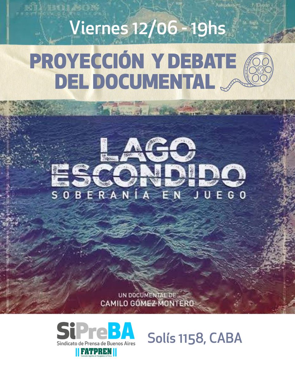 sipreba's tweet photo. 🎥Cine y debate en SiPreBA

🎞️ Éste viernes 12/6, a las 19hs,  nos encontramos para ver y debatir el documental de Camilo Gómez Montero, “Lago Escondido. Soberanía en Juego” junto a sus realizadores. 

🍷🥟Habrá buffet a precios populares. 
#SiPreBA2026 https://t.co/hGssWS4geM