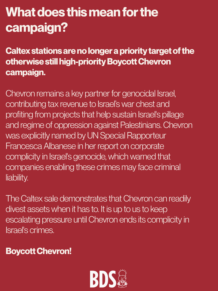 BDSmovement's tweet photo. Chevron has sold off Caltex stations across Asia-Pacific. This demonstrates that Chevron can readily divest assets when it has to. It is up to us to keep escalating pressure until Chevron ends its complicity in Israel's crimes.

#BoycottChevron https://t.co/kUGIENRo9U