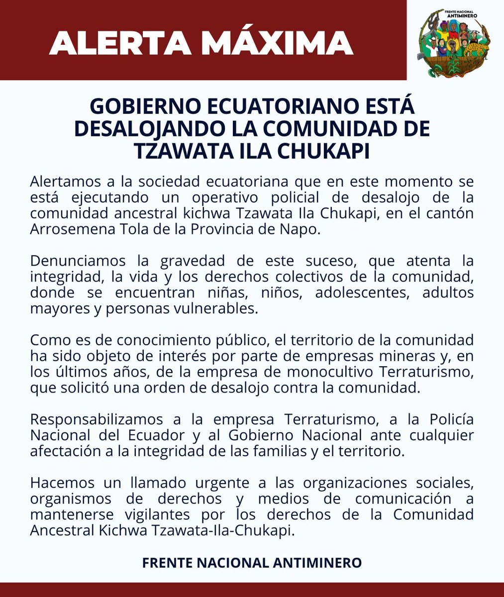 wambraEc's tweet photo. URGENTE 🔴
La comunidad de Tzawata, Napo, está siendo desalojada de su territorio!
Estas tierras son reclamadas por la empresa Terraturismo y en ella busca instalarse minería. 
La comunidad responsabiliza al gobierno, a la Policía y a la empresa por las afectaciones
@FNAntiminero https://t.co/6OE54l8qcD