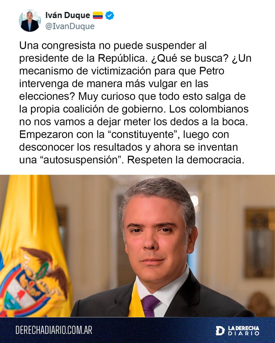 laderechadiario's tweet photo. 🚨🇨🇴 | NO PASARÁN: El expresidente de Colombia, Iván Duque, estalló contra la farsa de destitución del narcopresidente Gustavo Petro, denunciando que busca victimizarse de cara al balotaje para perpetrar un posible autogolpe de Estado.

"Muy curioso que todo esto saiga de la propia coalición de gobierno. Los colombianos no nos vamos a dejar meter los dedos a la boca. Empezaron con la 'constituyente', luego con desconocer los resultados y ahora se inventan una 'autosuspensión'. Respeten la democracia".