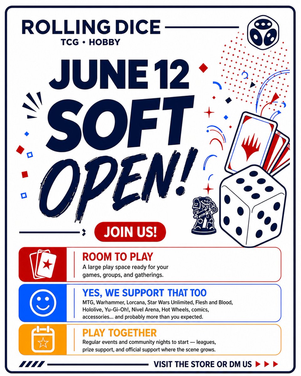 rdh_hobby's tweet photo. We’ve set the table! ;)

Rolling Dice Humphreys is opening on June 12 — a new place for cards, miniatures, hobbies, events, and the communities that bring them to life.

Bring your game. Bring your people.
We’ll make room for it.

Come and outroll the Dice with us! https://t.co/HyRUsy2BCj
