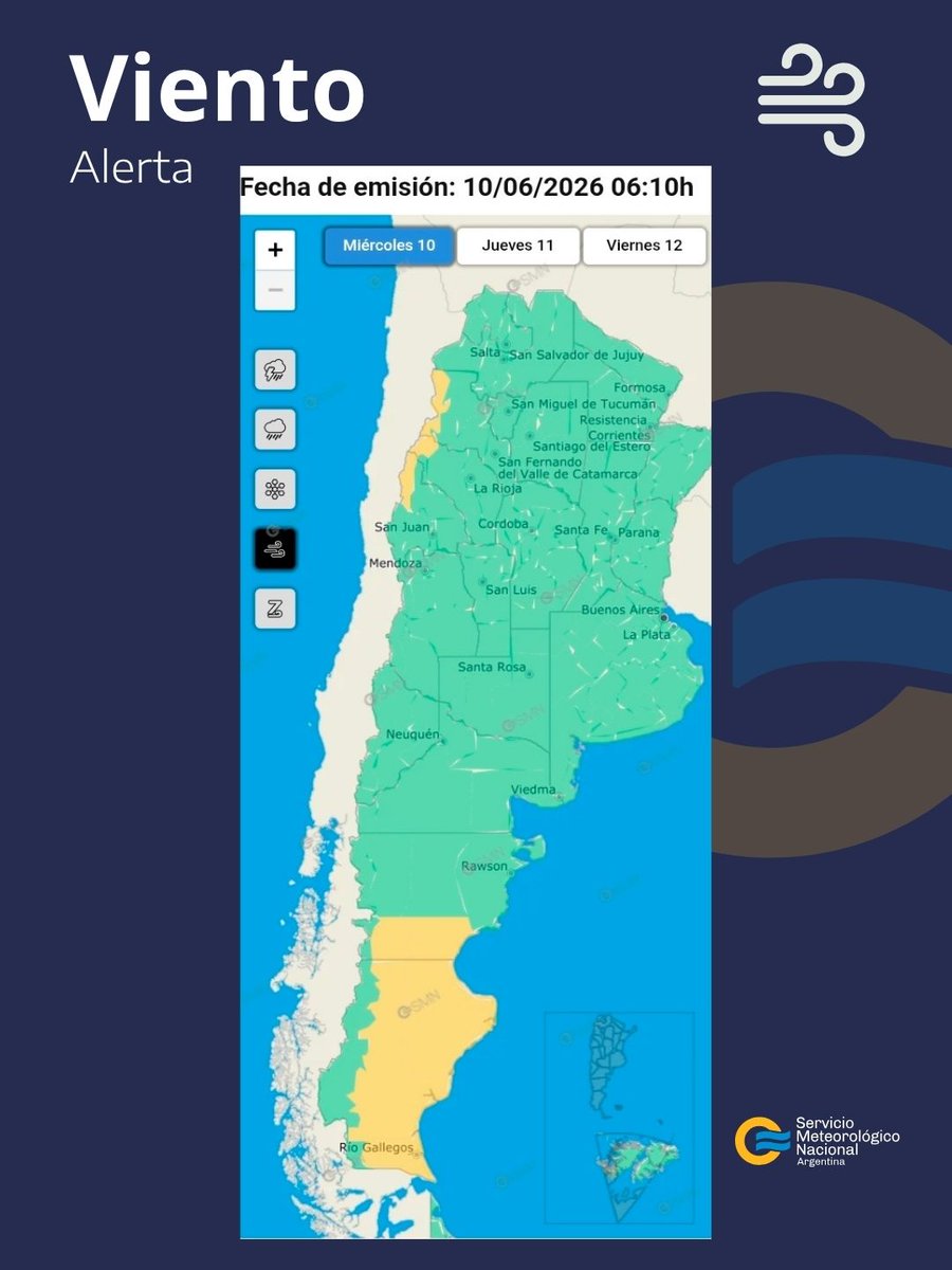 SMN_Argentina's tweet photo. 10 JUN I ⚠️#Alertas para hoy:

❄️ Nevada
🟨 10-30 cm

🌬️ Viento
🟨 50-65 km/h con ráfagas ≥ 90 km/h

📲 Más info en https://t.co/GRjfngFWuF https://t.co/AnUQMpiz3F