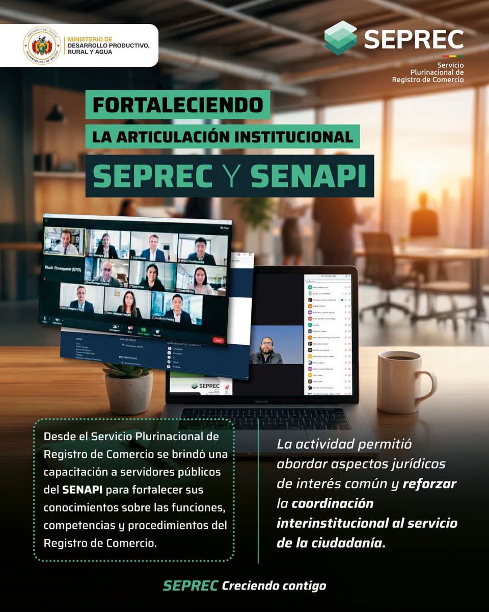 SEPRECBolivia's tweet photo. 🤝 SEPREC y SENAPI fortalecen la coordinación interinstitucional a través de espacios de capacitación e intercambio de conocimientos.
✅ Más articulación y mejor atención para la ciudadanía y el sector productivo. 🇧🇴
#SEPREC #SENAPI #CreciendoContigo #Bolivia https://t.co/4SKM36x0li