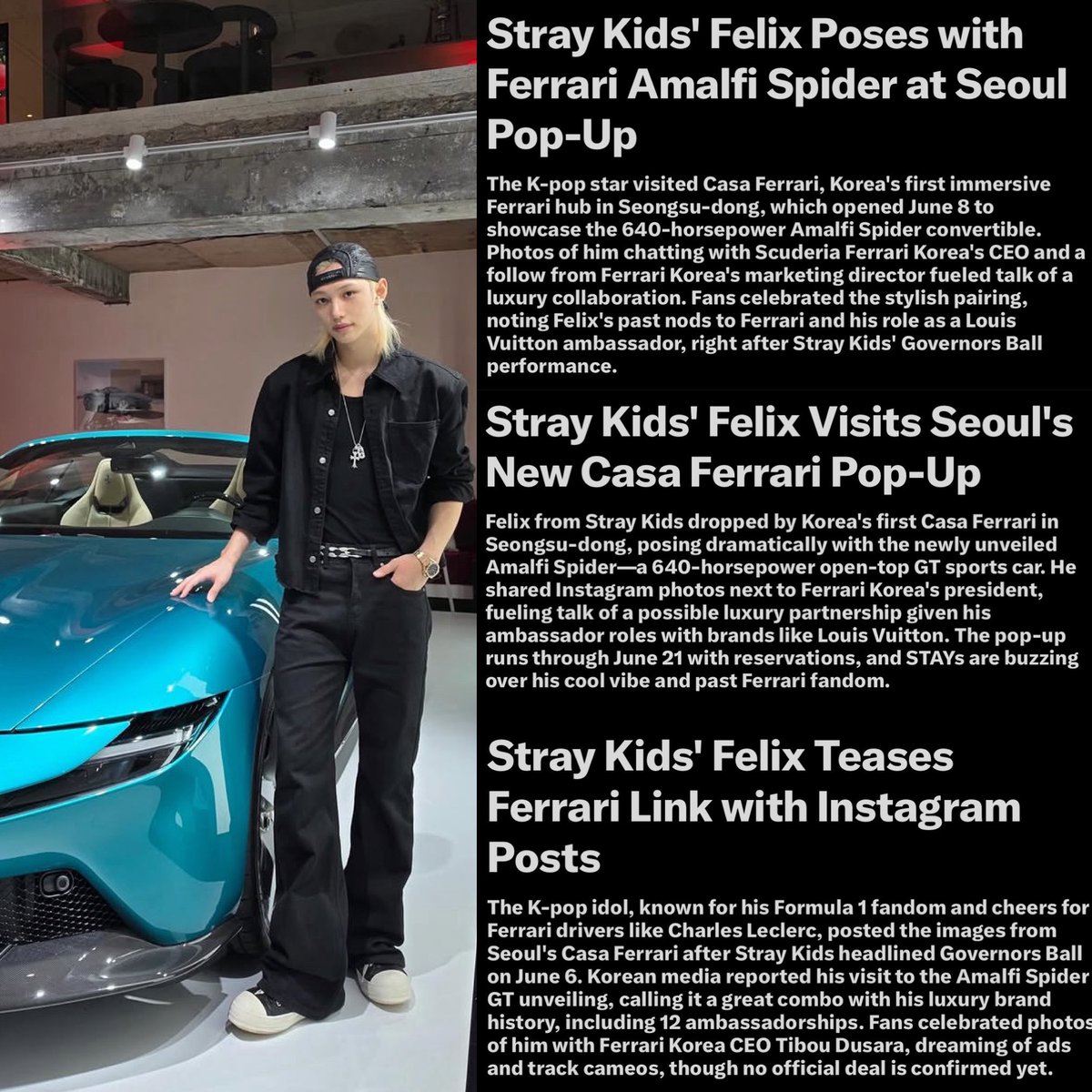 BbokRisma's tweet photo. #FELIX became a trending topic on Twitter/X following his Instagram update, posing with FERRARI’s “Amalfi Spider” at Casa Ferrari in Seoul.

#FELIXxFerrari @Ferrari @ScuderiaFerrari https://t.co/nrft4MxLDF
