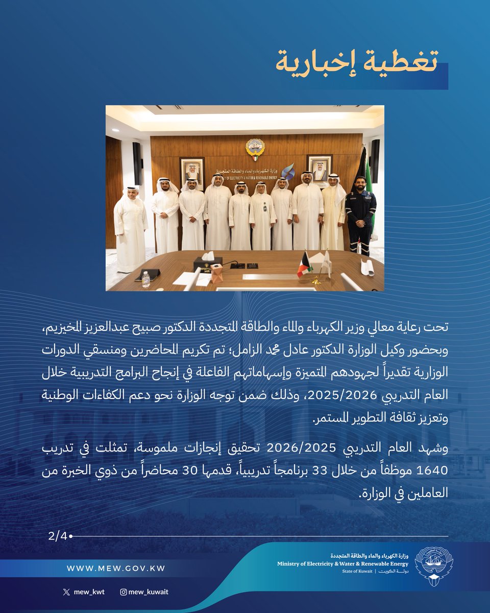 mew_kwt's tweet photo. برعاية معالي وزير الكهرباء والماء والطاقة المتجددة 

الدكتور صبيح عبدالعزيز المخيزيم، 

وبحضور وكيل الوزارة 

الدكتور عادل محمد الزامل، 
تم تكريم محاضري ومنسقي الدورات التدريبية

#وزارة_الكهرباء_والماء https://t.co/9PaFdK8QTd