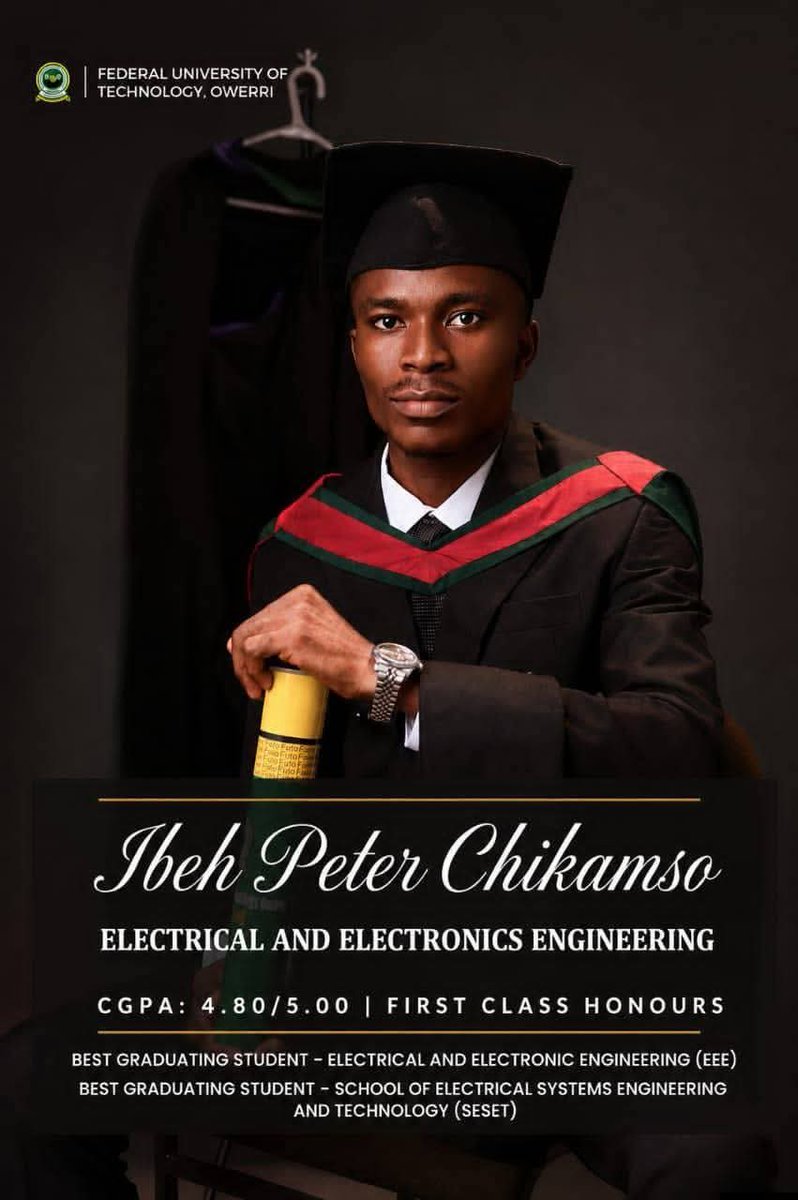 IbehpeterX's tweet photo. 1/5
The 38th FUTO Convocation Ceremony was held on 6 June 2026.

I'm grateful to have achieved these:
🏆 Best Graduating Student, Department of Electrical and Electronic Engineering (EEE)
🏆 Best Graduating Student, School of Electrical Systems Engineering and Technology (SESET) https://t.co/1bfqid3CJP