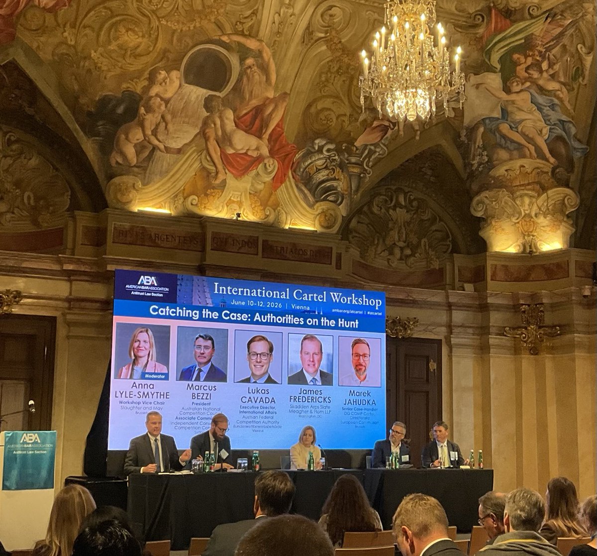 abaantitrust's tweet photo. Catching the Case: Authorities on the Hunt with Anna Lyle-Smythe , Marcus Bezzi, Lukas Cavada, James Fredericks, and Marek Jahuda at the International Cartel Workshop in Vienna. https://t.co/LVIWwrQv3Q
