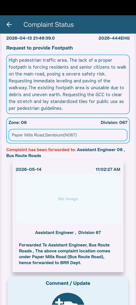 Naveen_Kumar_TS's tweet photo. Day 58:Zero on-site progress on Paper Mills Road,Sembium(Z-6,Div-67) footpath complaint2026-444EHG. AE forwarded to BRR Dept on May 14, but no action for a month. Senior citizens &amp; pedestrians still risking safety on this busy Bus Route Road. Please intervene! @chennaicorp #GCC https://t.co/rFutfvhDRl