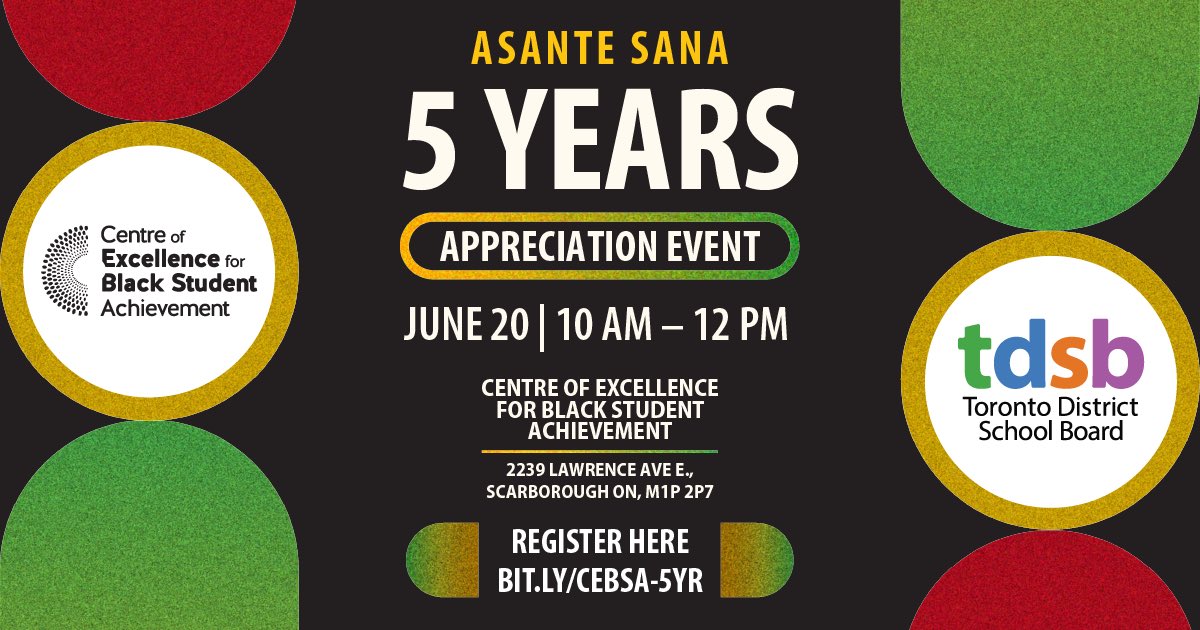 tdsb_cebsa's tweet photo. We welcome Black families, staff, students, &amp; community members to our 5-Year Community Appreciation Event. This is a free community event to express our deep gratitude for your continued support, advocacy &amp; partnership.

@tdsb #tdsb #tdsbcebsa https://t.co/j9sXXaEWrW