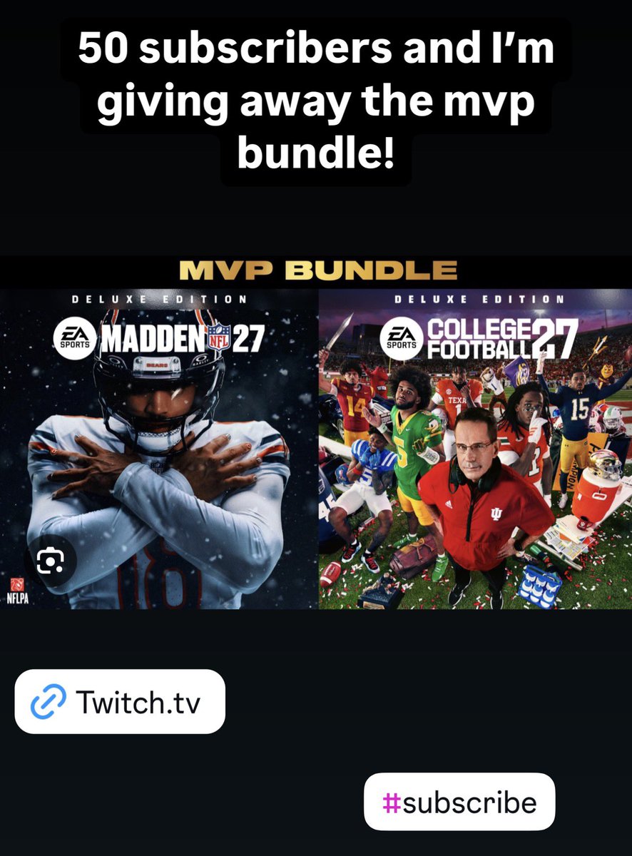 10kKwon's tweet photo. Subscribe to my twitch channel for da giveaway! #foryou #fyp #twitch #viral #subscribe #madden27 #cfb27 #giveaway https://t.co/CD6ntyOx8d