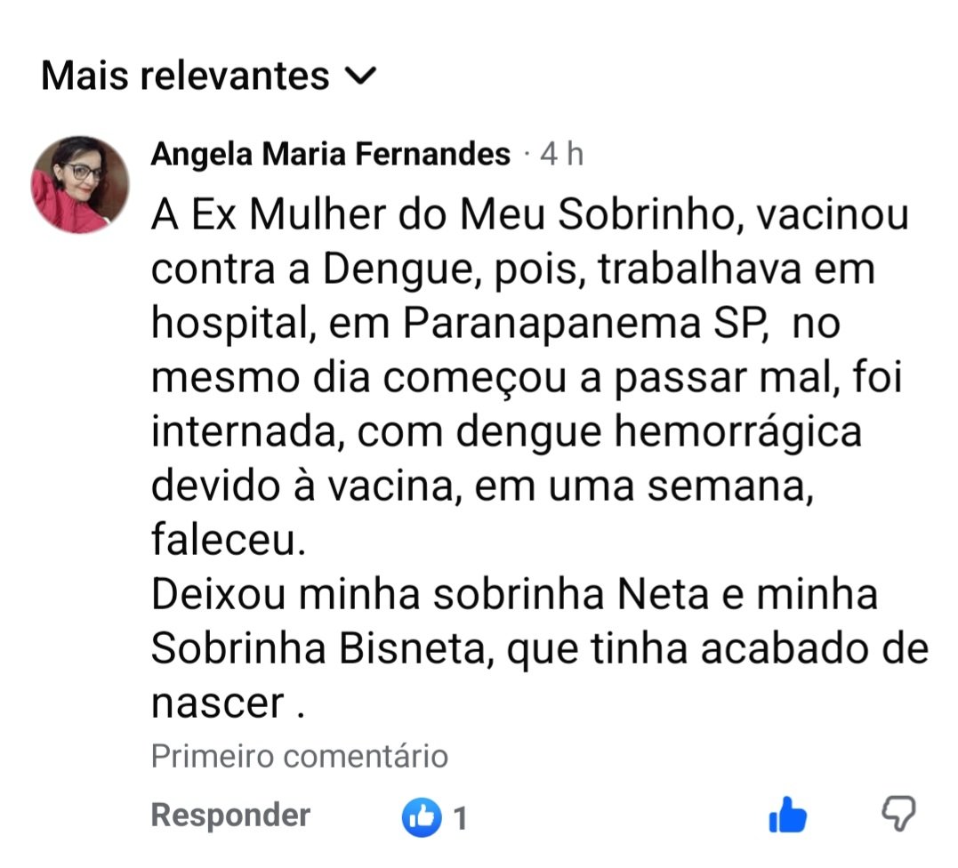 Teresa_Fraga's tweet photo. @schmittpaula Paula, postei no facebook sobre a vacina da dengue e veja o q disse uma conhecida minha https://t.co/LMmCkj8XuQ