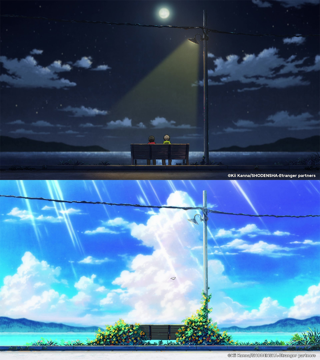 Two images from The Stranger by the Shore. The top image features Shun and Mio sitting next to each other on a bench at night under a streetlight. The bottom image features a bench covered in yellow flowers next to the ocean on a fair-weather day.
