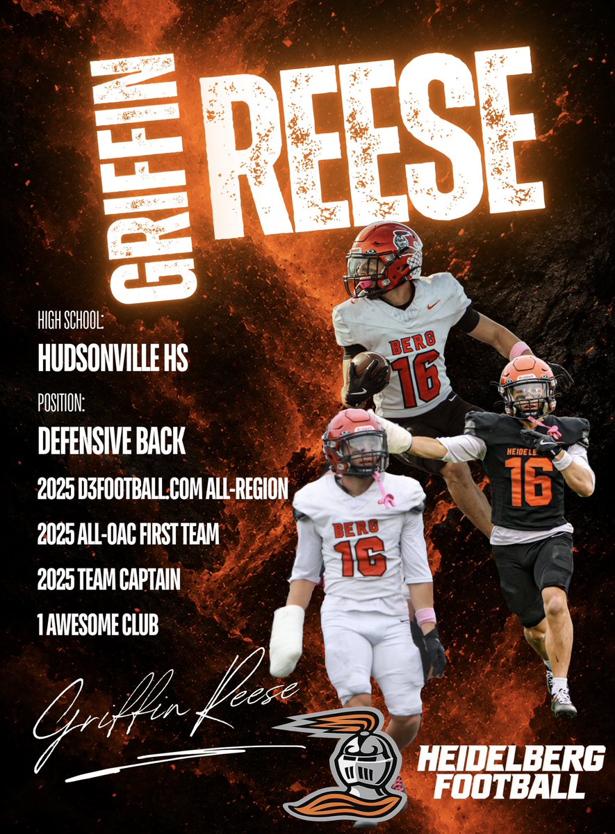 CoachDrewMunger's tweet photo. MI Recruits, why should you consider Heidelberg? Our players accolades should tell‼️🟠⚫️ #BergGang

Next up we have a 2026 Graduate! Griffin  Reese is from Hudsonville, MI @Hudsyfootball FUN FACT he played with a club on his hand 2 seasons in a row‼️🟠⚫️ https://t.co/yJyQ5UcDN2
