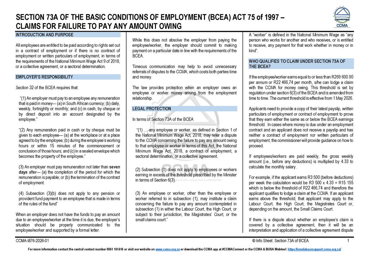 CCMA_SA's tweet photo. All employees are entitled to be paid according to rights set out in a contract of employment or if there is no contract of employment or written particulars of employment, in terms of the requirements of the National Minimum Wage Act 9 of 2018, or a collective agreement. https://t.co/cnO8DTX8Uf