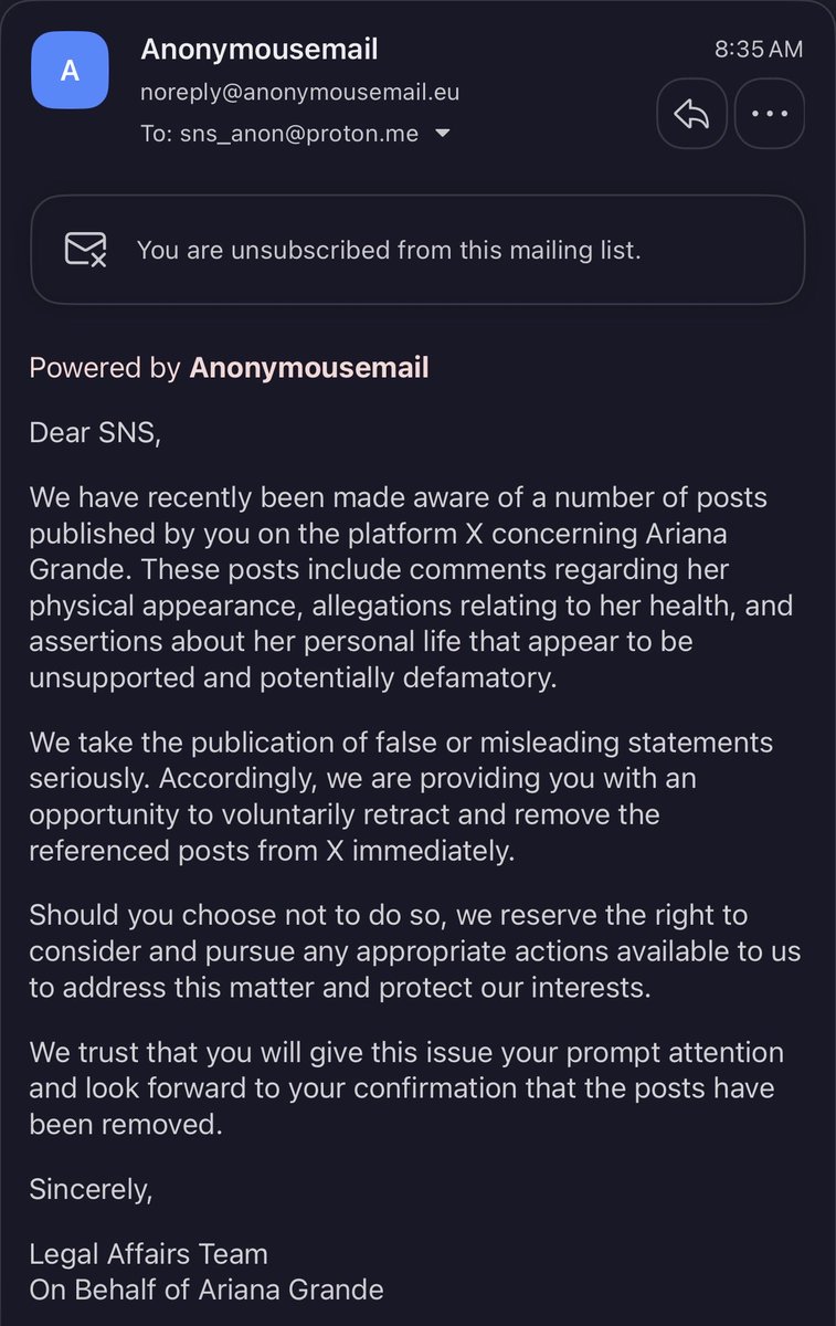 SNS_Anon's tweet photo. “Legal Affairs Team On Behalf Of Ariana Grande” 

“Powered by Anonymousemail”

They didn’t even try lmao. https://t.co/7Ha69a4ToQ