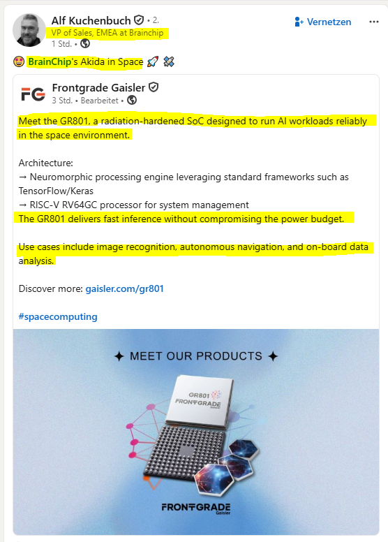 MIAM_Schwan's tweet photo. 🤩 BrainChip's #Akida in Space 🚀 🛰 inside of Frontgrade Gaisler's GR801 coming to market soon. 

@BrainChip_inc $BRN $BRCHF #frontgrade https://t.co/S13XbYYT4e
