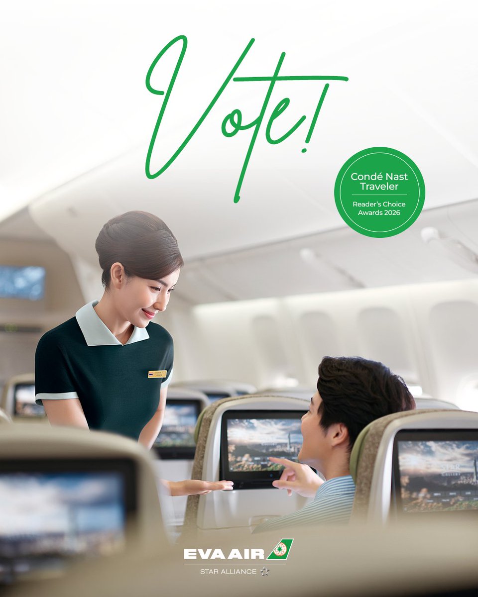 EVAAirUS's tweet photo. Every journey has a story. ✈️💚
If EVA Air was part of yours, we'd love your vote in Condé Nast Traveler's 2026 Readers' Choice Awards.
Plus, voters can enter for a chance to win a 15-day Viking voyage.
Vote now: https://t.co/srxMwL2yj9
#EVAAir #ReadersChoiceAwards #FlyWithEVA https://t.co/cPlsFOJUqc