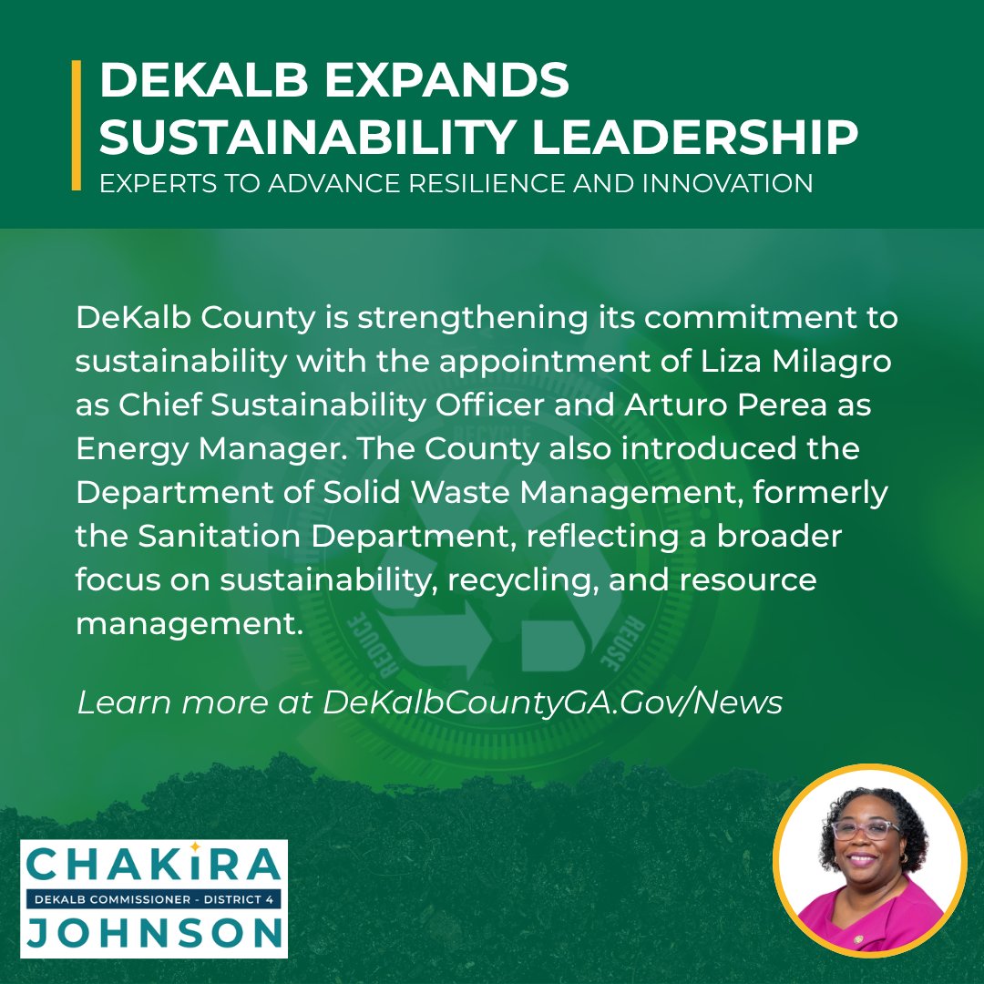 CommissionerCJJ's tweet photo. DeKalb County continues to invest in sustainability and resilience, including new leadership appointments and the continued growth of its sustainability efforts. Learn more at https://t.co/OhFKNF2lXQ. https://t.co/f2GUqugGnt
