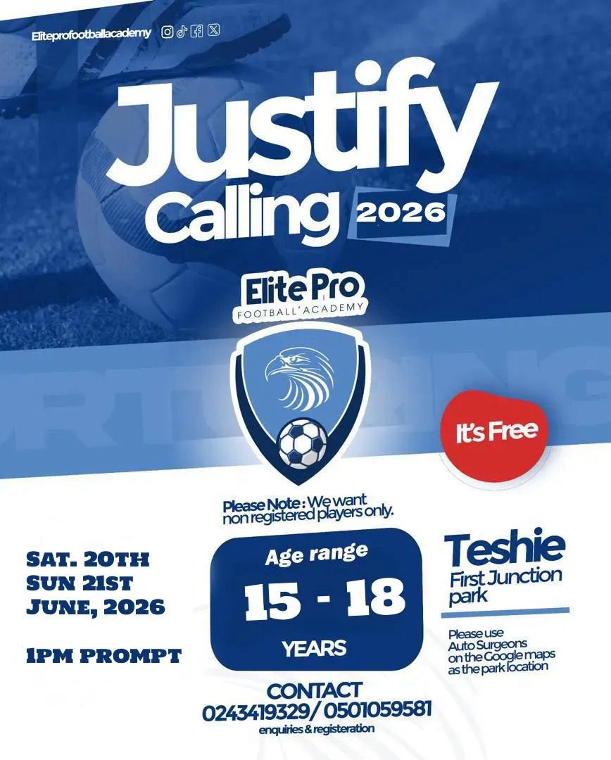 ElitePro_Acad's tweet photo. ⚽ FOOTBALL TRIALS ALERT ⚽

Think you have what it takes? Join us for our football trials on 20th and 21st June 2026 at 1:00 PM each day at Teshie first Junction Park. Use Auto surgeon on map

Your football journey could start here!

📅 Dates: 20th &amp; 21st June 2026
⏰ Time: 1:00 https://t.co/L6eE3aOjPO