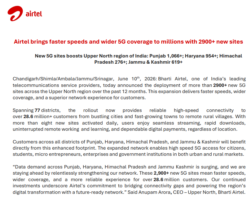 Desh_ka_network's tweet photo. #AIRTEL 5G EXPANSION: UPPER NORTH INDIA

• 2,900+ new 5G sites deployed over the past year.  
• Covering 77 districts across Punjab, Haryana, Himachal Pradesh, and J&K.  
• Upgrading high-speed connectivity for 28.6 million users.  
• 8+ new sites activated daily to meet surging data demand.