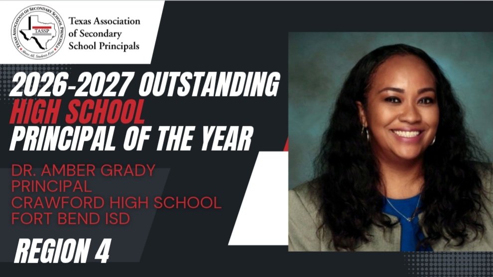 TASSP_Region4's tweet photo. Congratulations to Dr. Amber Grady of Almeta Crawford High School in Ft. Bend ISD for being named the TASSP Region 4 High School Principal of the Year! We are so happy to celebrate you! @thedrgrady @FortBendISD @ACHS_Chargers @TASSP1 https://t.co/haKqpwgbSF