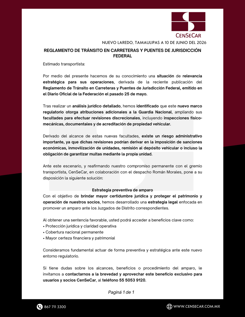 CenSeCar's tweet photo. 🚛 Atención transportistas

La reciente publicación del Reglamento de Tránsito en Carreteras y Puentes de Jurisdicción Federal amplía las facultades de revisión de la Guardia Nacional, lo que podría representar riesgos administrativos y operativos para el sector.

Por ello, CenSeCar, en colaboración con el despacho Román Morales, pone a disposición de sus socios y usuarios una estrategia preventiva de amparo orientada a brindar mayor certeza jurídica y protección patrimonial.

📞 Para conocer los alcances, beneficios y procedimiento, contáctenos:

55 5053 9120

🌐 https://t.co/ZmOX6IhkFv

#CenSeCar #Autotransporte #SeguridadJurídica #Transportistas #Logística #ReglamentoDeTránsito #AmparoPreventivo #TransporteFederal