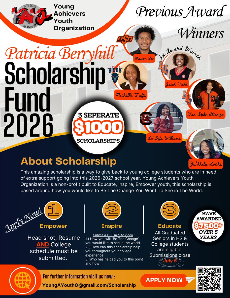YoungAYouthO's tweet photo. Scholarship opportunity for All college students and recent HS grads! APPLY NOW , Year 5!
https://t.co/RrZd7l4g1T https://t.co/f4f9ne2xUj