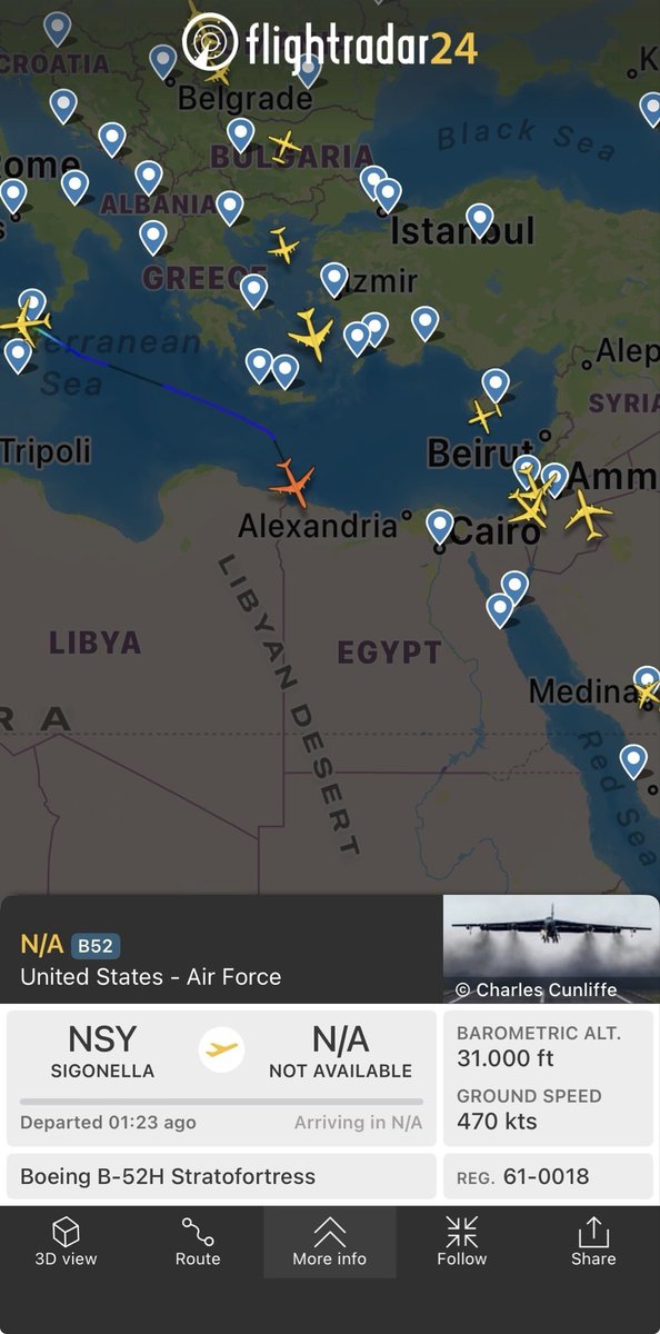 EliAfriatISR's tweet photo. 🚨🇺🇸A little while ago, an American B-52 strategic bomber took off from Sicily for our area - with visible signals - he wanted to be seen by the surveillance systems.

Something is definitely brewing.⌛️💥 https://t.co/MRvtGbkdL8