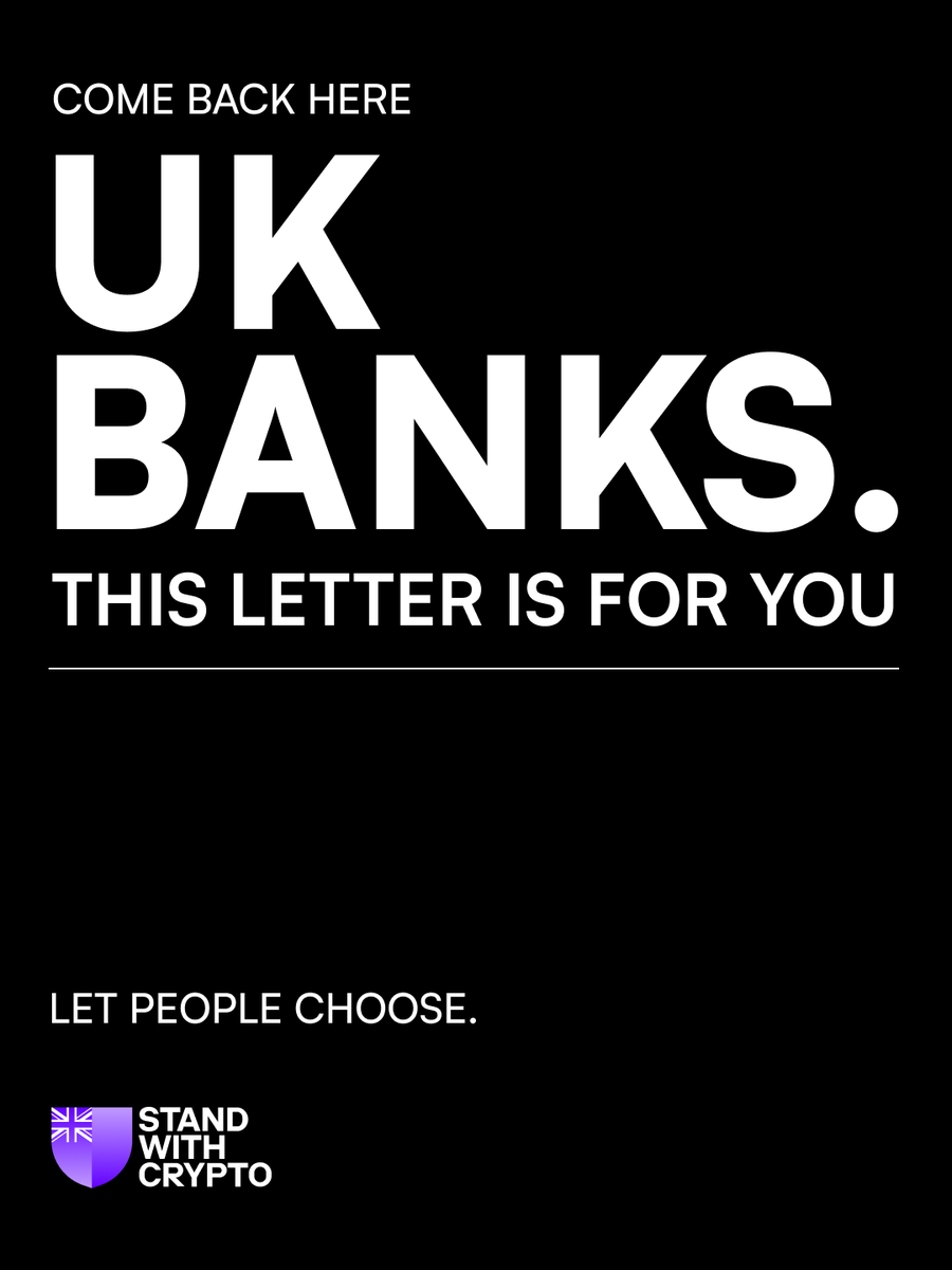 StandWCrypto_UK's tweet photo. The issue we’re raising is clear.🛡️

Across the UK, banks are placing broad restrictions on fiat transfers to crypto asset exchanges, effectively blocking a whole sector.

This raises important questions for competition, innovation, and consumer choice.

We’re calling for the banks to take a risk-based, case-by-case approach to the crypto asset sector.

Read our open letter. It’s your money, your choice.👇