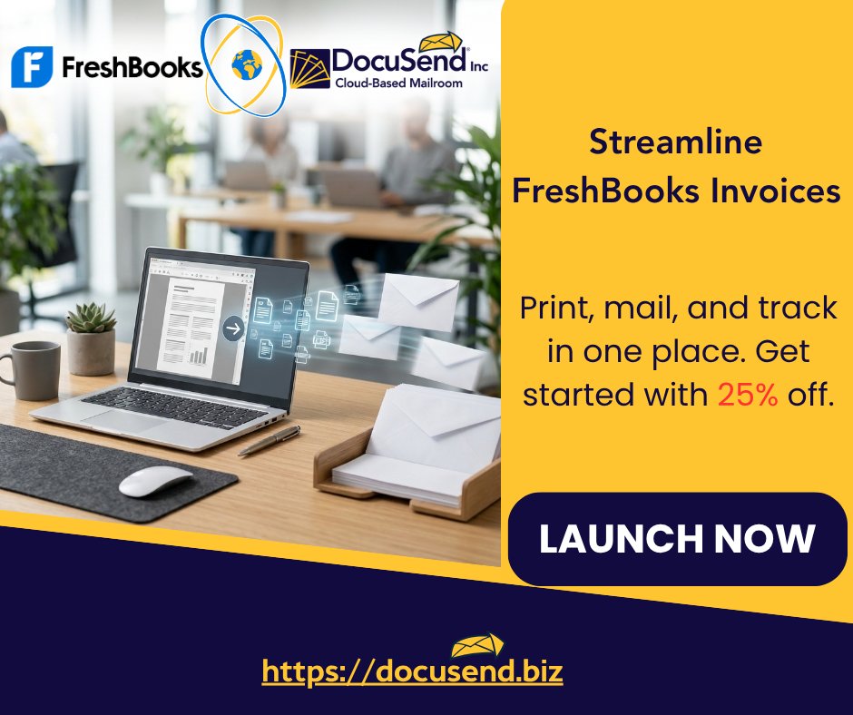 DocuSendMail's tweet photo. Send invoices straight from FreshBooks to USPS without ever touching a stamp. DocuSend’s app handles printing and mailing for you while providing built-in tracking and cutting costs by half. New users receive 25% off their first order. Start now. 📄 https://t.co/V0rt3rcfNj

#InvoicingAutomation #DocuSendInc #FreshBooks