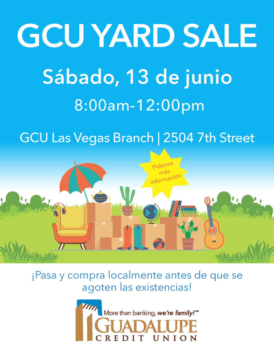 GuadalupeCU_NM's tweet photo. GCU's Yard Sale is happening this Saturday, June 13th and offers savings on sweet deals from your own neighbors!
Stop, shop and support our Christmas Families Fundraiser! Find out more info here: https://t.co/4hKMANEcnS
#GCUYardSale #CUDifference #ChristmasFamilies https://t.co/Sfp3XH3i7U