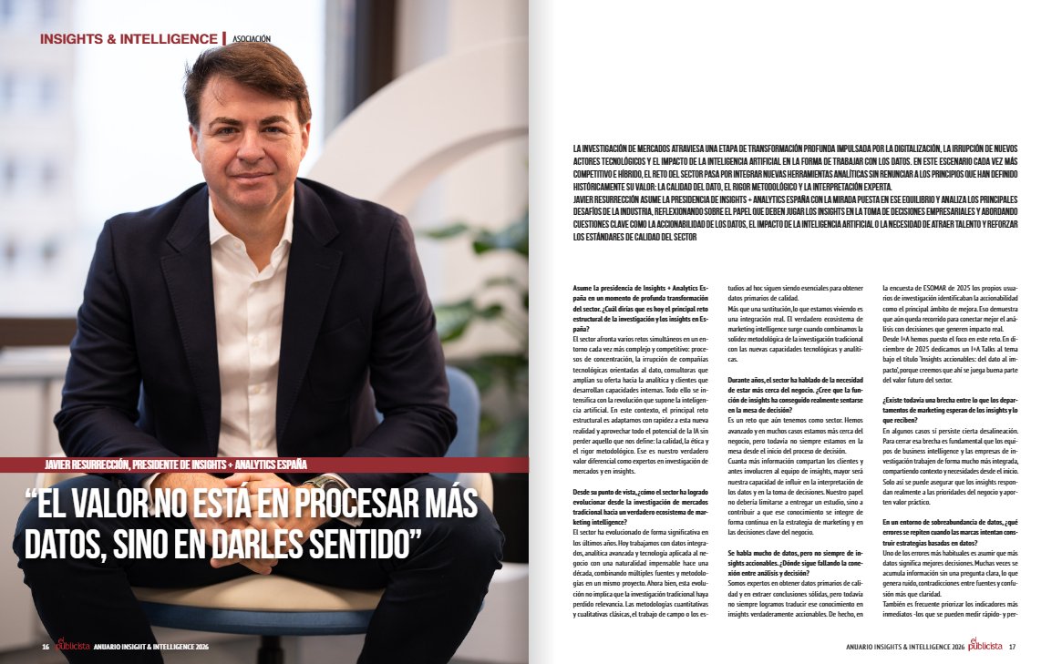 ia_asociacion's tweet photo. 📰 “El valor no está en procesar más datos, sino en darles sentido”

Nuestro presidente, @Javiresurreccio , participa en el Anuario Insights & Intelligence 2026 de El Publicista, reflexionando sobre el papel de la investigación y la inteligencia de datos en un entorno cada vez más complejo.

Una conversación sobre cómo transformar datos en decisiones con impacto real.

📖 Si estás registrado en @elpublicistacom  , puedes leer la entrevista completa aquí: https://t.co/RjaCmFGPFV