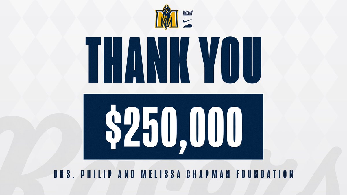 MSURacers's tweet photo. 👏 THANK YOU to the Drs. Philip and Melissa Chapman Foundation for their generosity to Murray State Athletics!

🔗: https://t.co/PJIIixuJP9

#GoRacers🏇 https://t.co/8V5WDpo0Gr