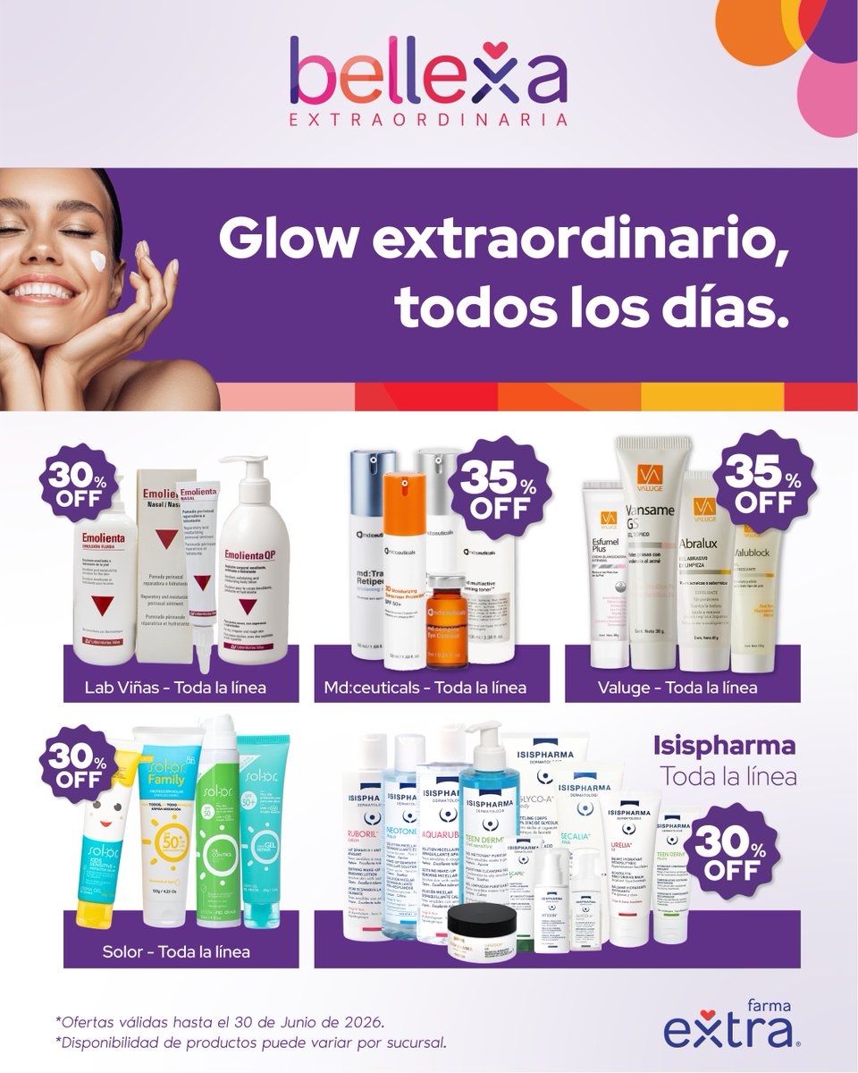 Farmaextrado's tweet photo. Más razones para cuidar de ti ✨
Aprovecha nuestras ofertas en belleza y cuidado personal hasta el 30 de junio💜

📅 Ofertas válidas hasta el 30 de junio.
📍Disponibilidad puede variar por sucursal.

#BellexaExtraordinaria #Belleza #FarmaExtra #BeautyLovers https://t.co/MiaeEBxyuM