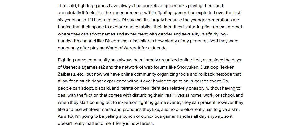 pattheflip's tweet photo. "Guilty Queer: On accidentally building queer fighting game community"

Happy Pride! I wrote about how organizing Xrd events accidentally led to helping build queer fighting game community, and how awesome it has been to see people find themselves in fighting games. https://t.co/awJReJGYSZ