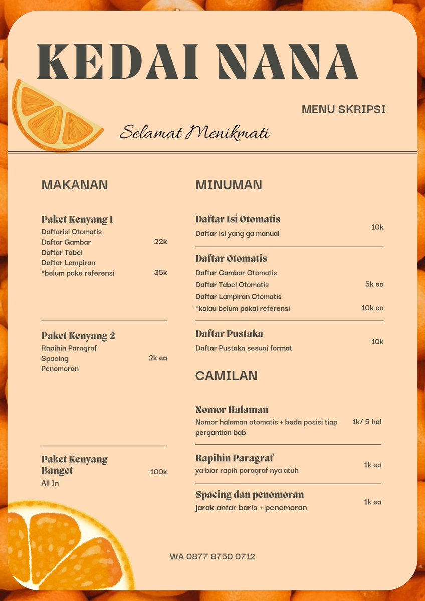 astoryaboutour's tweet photo. malam gais
skripsi all in bisa 100k
JOKI FORMAT SKRIPSI
1. Daftar isi otomatis
2. Daftar gambar 
     Daftar lampiran 
     Daftar tabel
3. Nomor halaman
4. Rapihin paragraf
5. Spacing +penomoran
6. Dapus
https://t.co/eMmHXlU1DR https://t.co/IRLJsIa3TQ