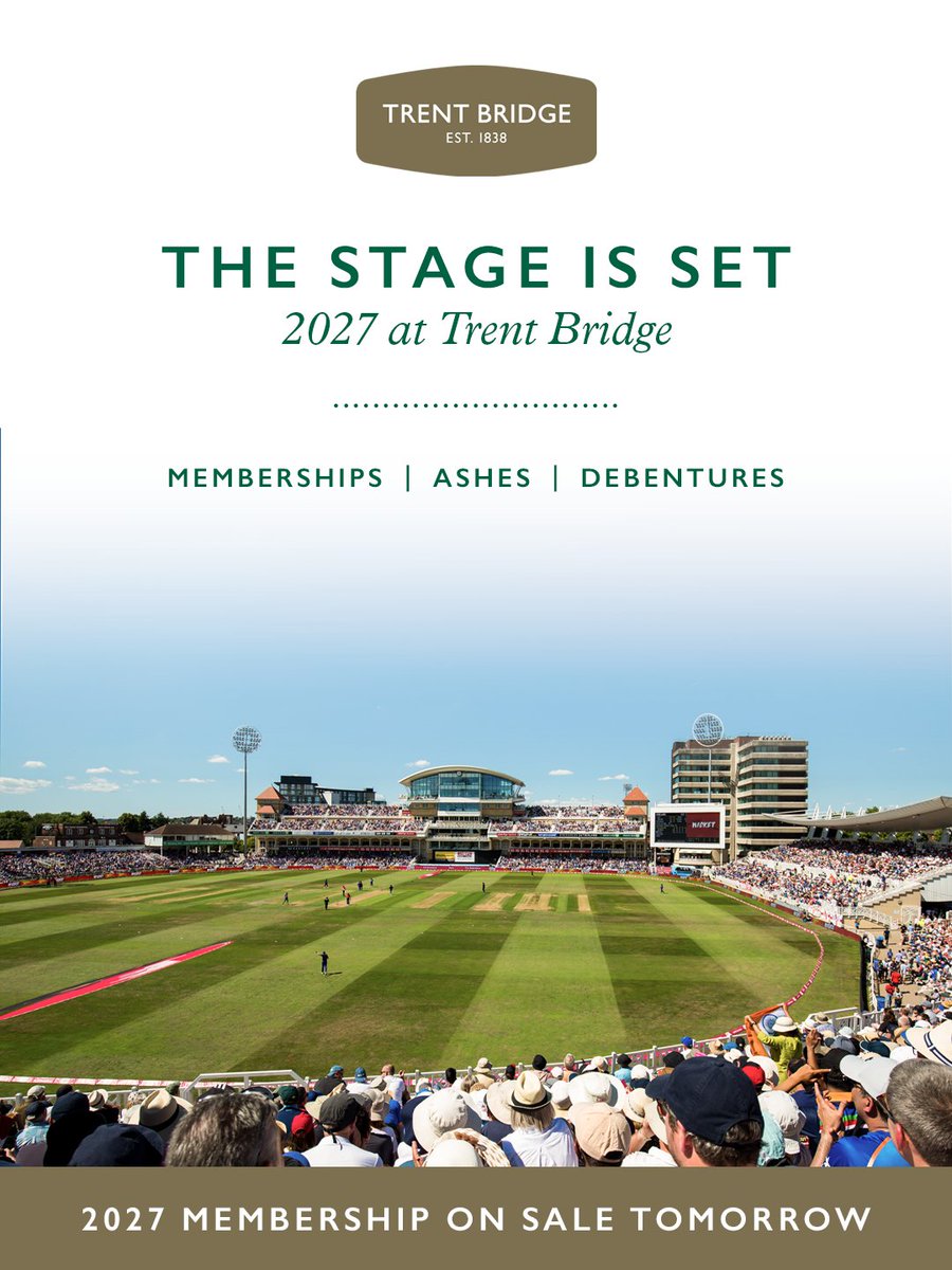 TrentBridge's tweet photo. The stage is set.

Memberships for the summer of 2027, when we'll be hosting a Men's Ashes Test, will go on sale at 10am tomorrow morning - with a broader range of new membership packages to choose from.

Browse 👉 https://t.co/fUnpPtJndF

#TheStageIsSet #TheAshes2027 https://t.co/S5w4bMEtcZ