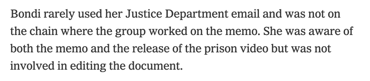DavidCornDC's tweet photo. A nugget buried in the big NYT piece on how the Trump White House had an internal freak-out over the Epstein case....If Bondi didn't use DOJ email, what did she use? I recall a time when the right (and the NYT) went ballistic over a Cabinet official's use of non-gov't email. https://t.co/drY2xkXkr8
