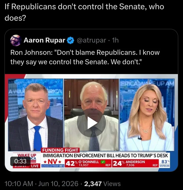 skepticano's tweet photo. @SenRonJohnson COME ON DOWN FOR BEING A DUMB FUCK. REPUBLICANS CONTROL ALL THREE BRANCHES OF THE GOVERNMENT. https://t.co/9hfuSUD6FR