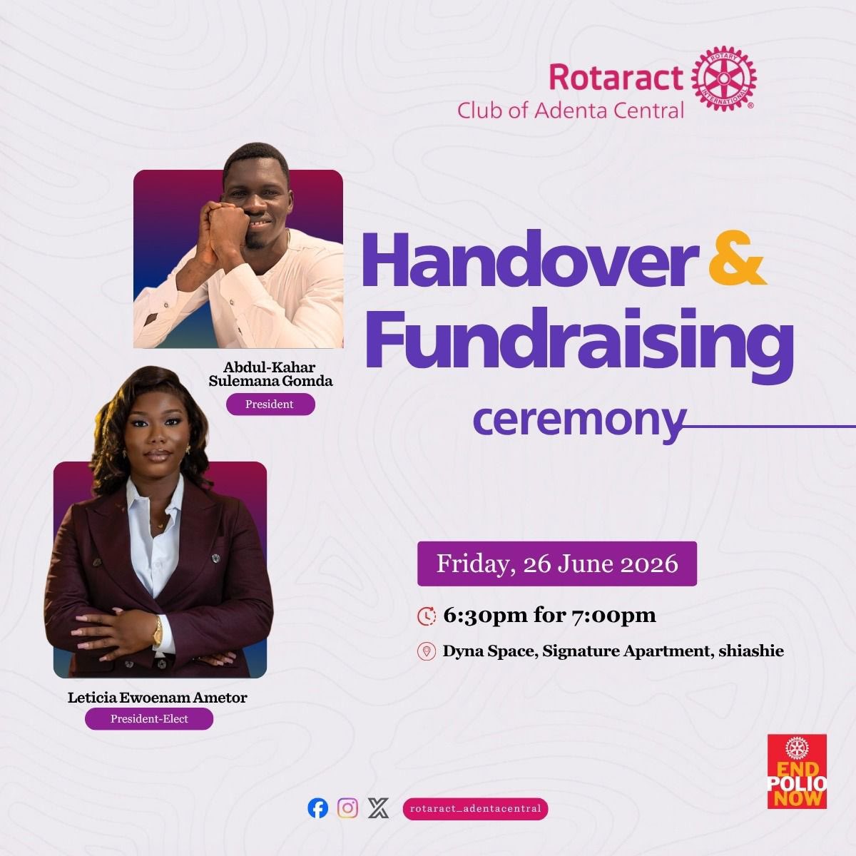 RCAdentaCentral's tweet photo. Passing the torch. Inspiring change. 💜✨ Join us as we celebrate a new chapter of leadership and rally support for impactful community service projects at the Rotaract Club of Adenta Central Handover &amp; Fundraising Ceremony. #ServiceAboveSelf #Rotaract #PeopleOfAction https://t.co/Lpaj5rB97o